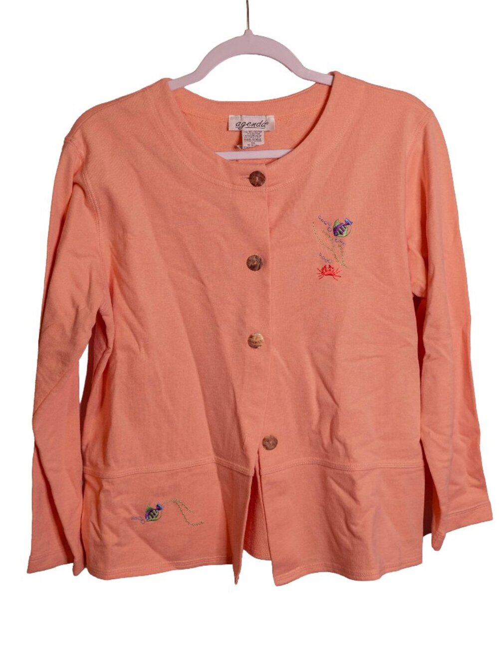 Vintage Agenda Coral Pink Embroidered Cardigan w/ Sea Creatures - Medium
